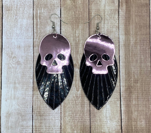 Mirror Pink/Black Skull Earrings